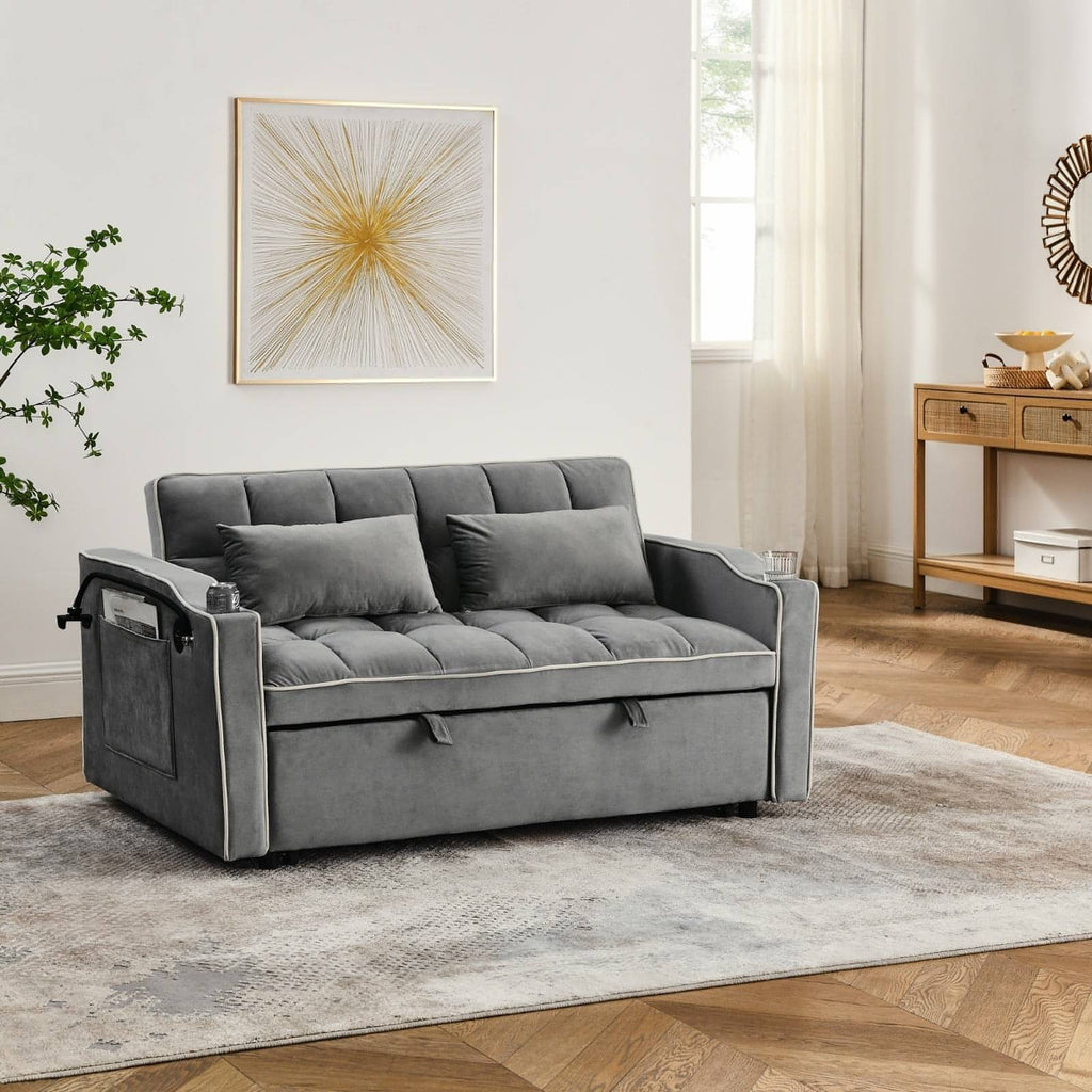 LuneluX_Home – 55.5" Foldable Velvet Sofa Bed (Adjustable in 3 Lengths, Gray)