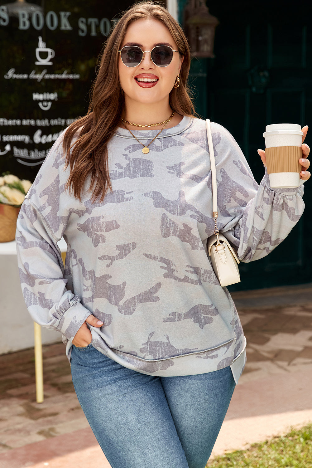 Multicolour Camouflage Print  Round Neck Plus Size Sweatshirt