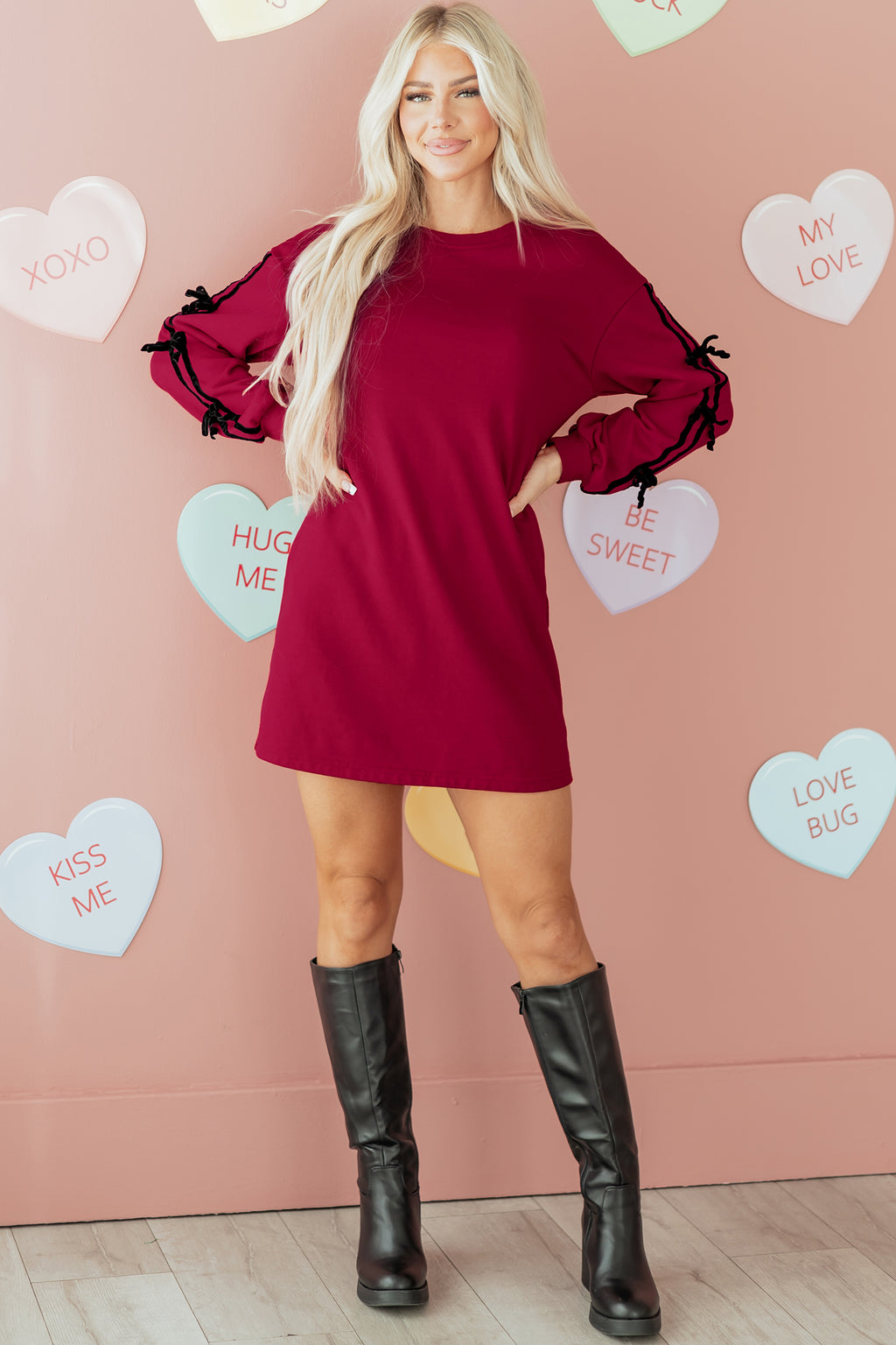 Racing Red Contrast Striped Bow Detail Drop Shoulder Sweatshirt Dress with Pockets