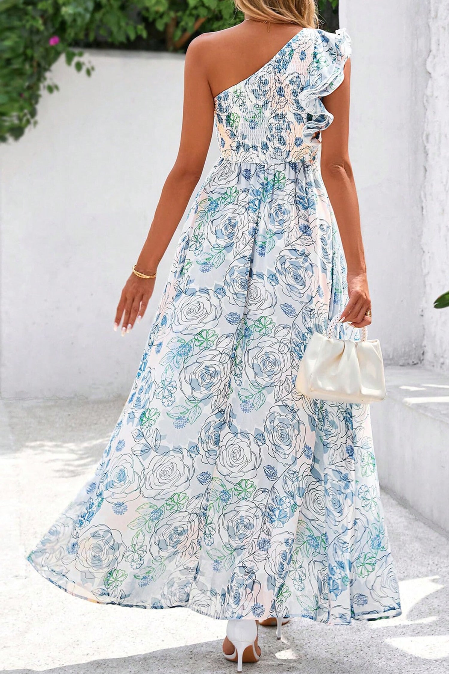 Sky Blue Floral Print Ruffled One Shoulder Vacation Maxi Dress