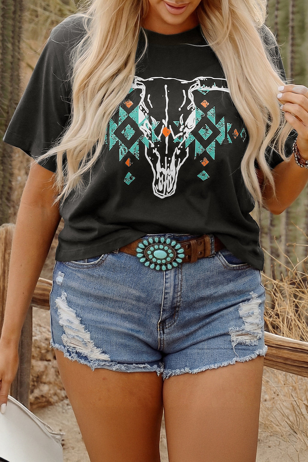 Carbon Grey Plus Size Western Aztec Bull Skull Printed T Shirt
