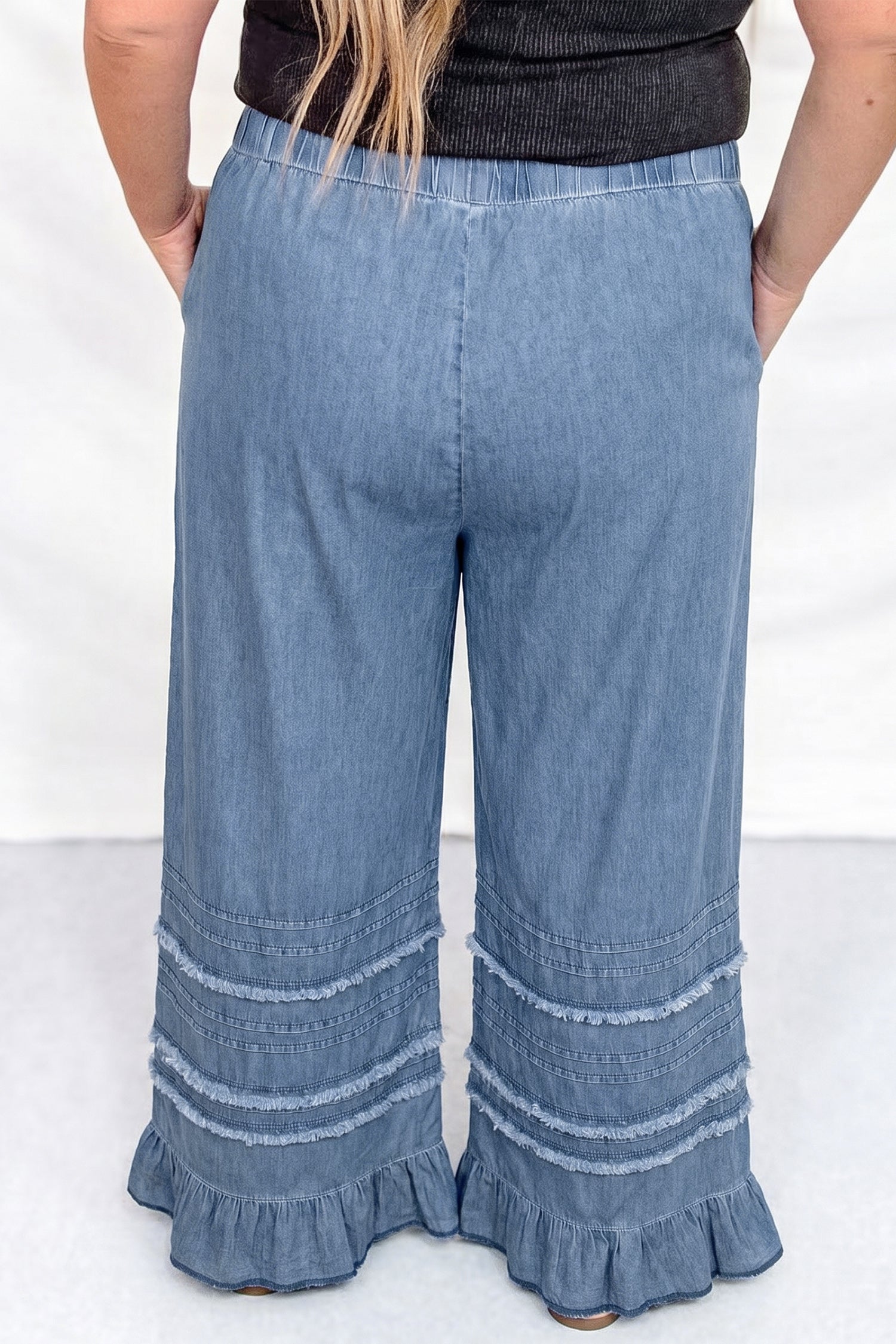 Dusk Blue Tiered Raw Edge Ruffled Plus Size Wide Leg Denim Pants