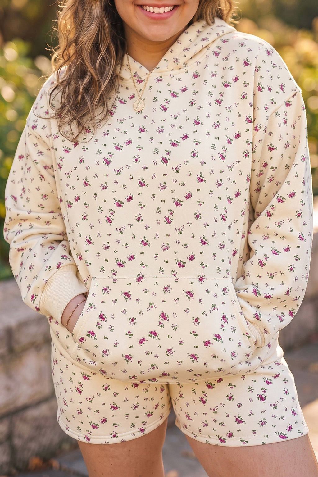 Beige Floral Print Hooded Long Sleeve Plus Size Set