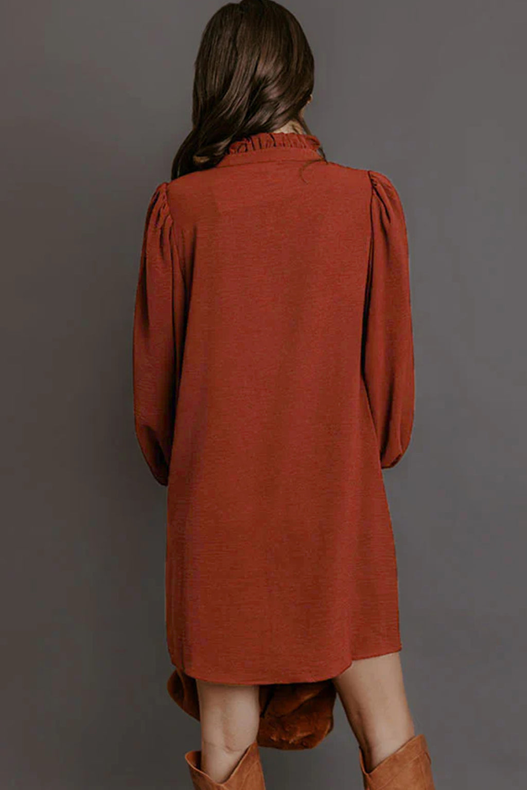 Coffee Solid Shift Long Sleeve Short Length One Piece Dress