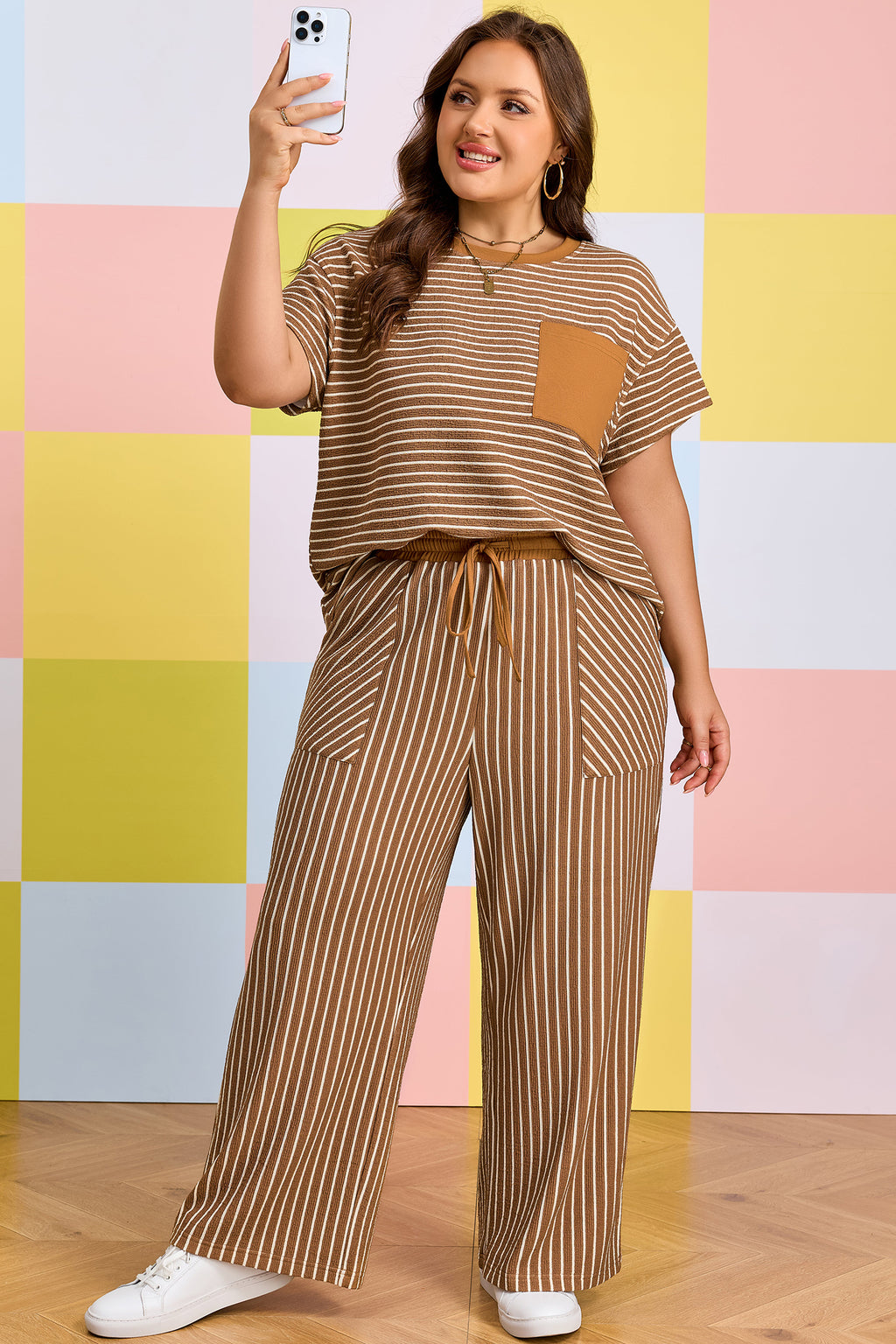Khaki Stripe Plus Size Striped Colorblock Pocket Lounge Set