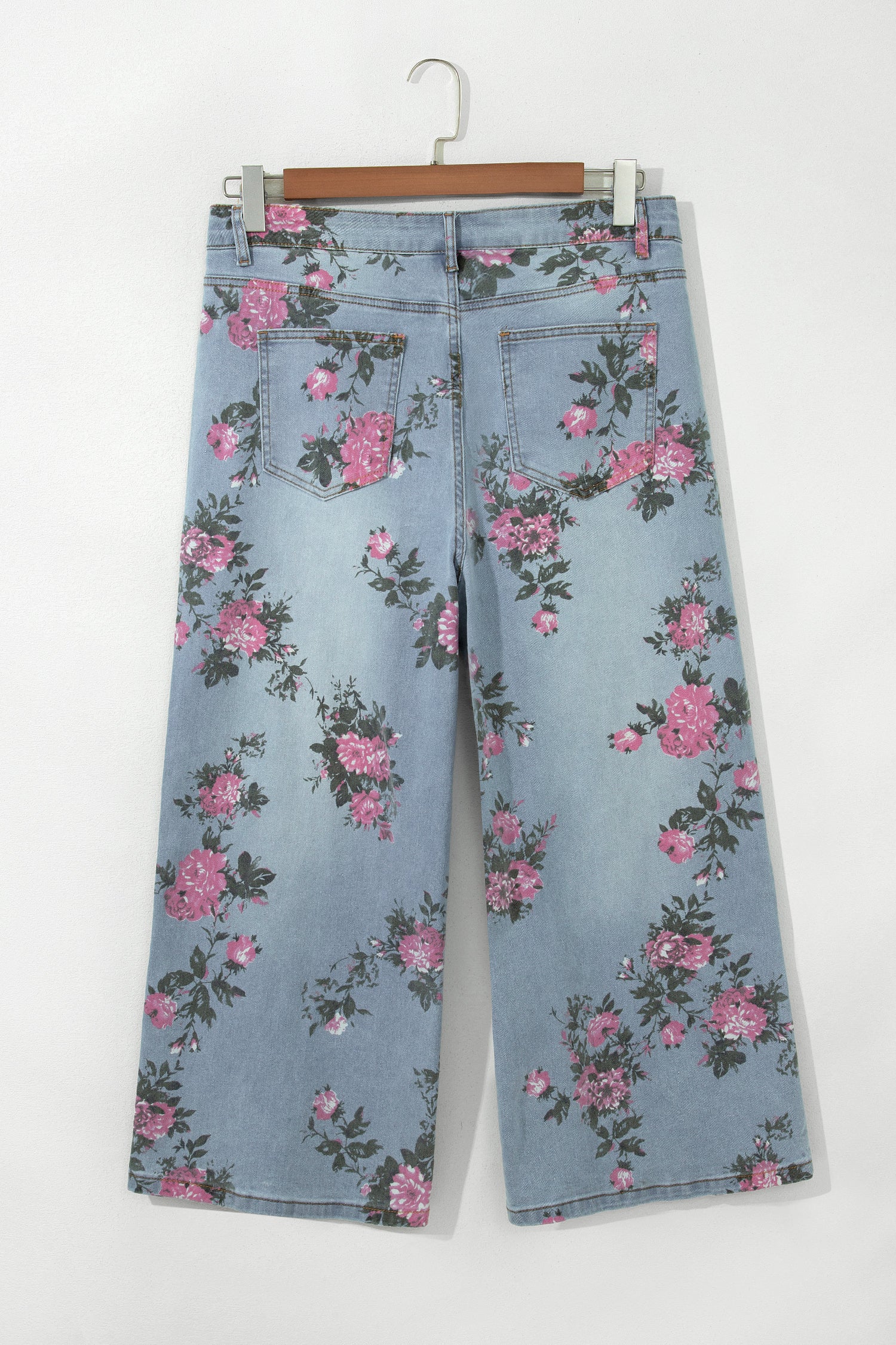 Sky Blue Plus Size Floral Print Ankle Length Loose Jeans