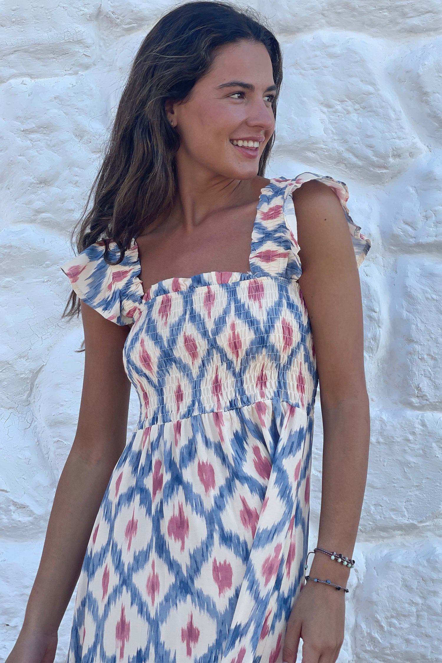 Sky Blue Ethnic Geometric Print Square Neck Smocked High Waist Ruffle Sleeve Dress