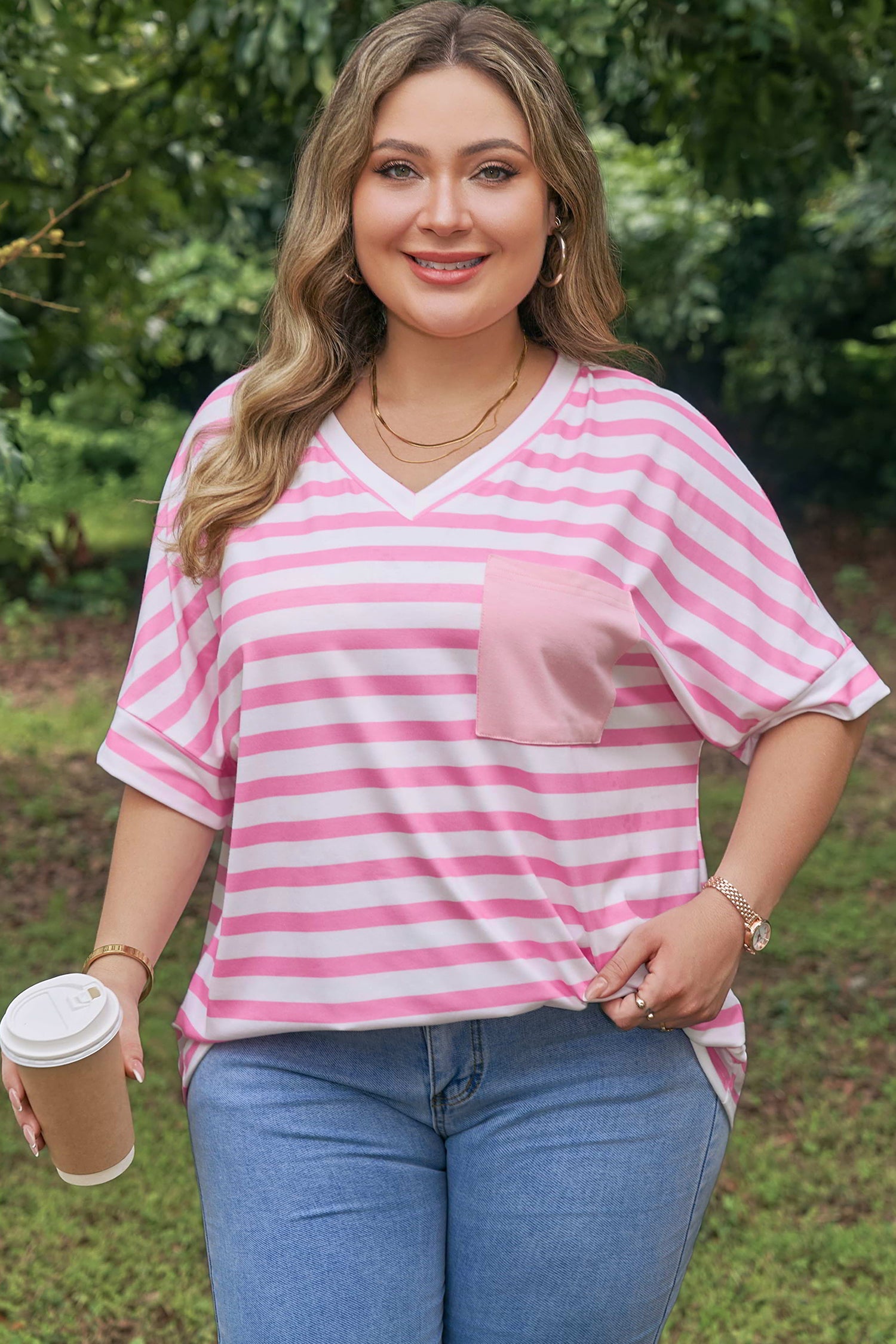 Pink Stripe Colorblock Patched Pocket V Neck Plus Size Tee
