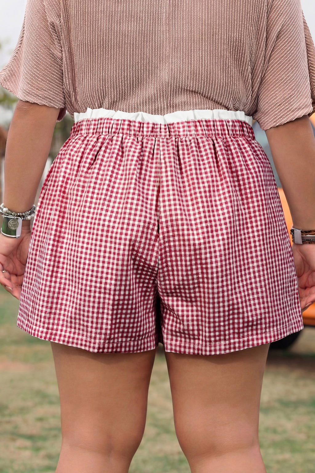 Pink Contrast Trim Plaid Print Plus Size Shorts