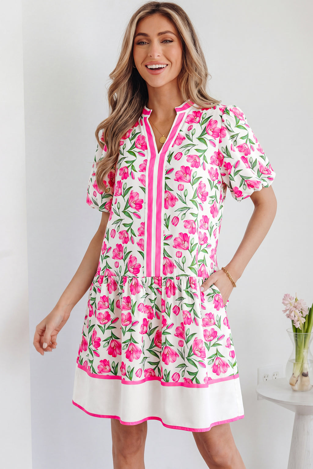 Multicolour Sweet Floral Print Striped Color Block Trim Short Dress