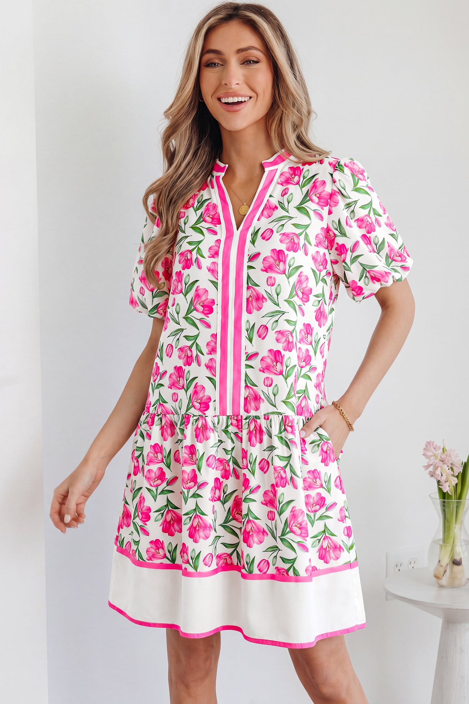 Multicolour Sweet Floral Print Striped Color Block Trim Short Dress