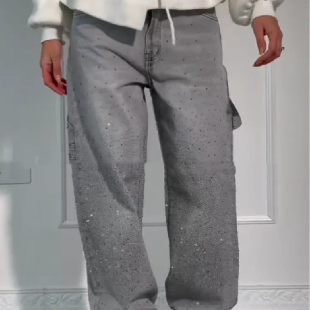Shiny Straight-Leg Glitter Jeans with Pockets – Wide Leg Pants for Women