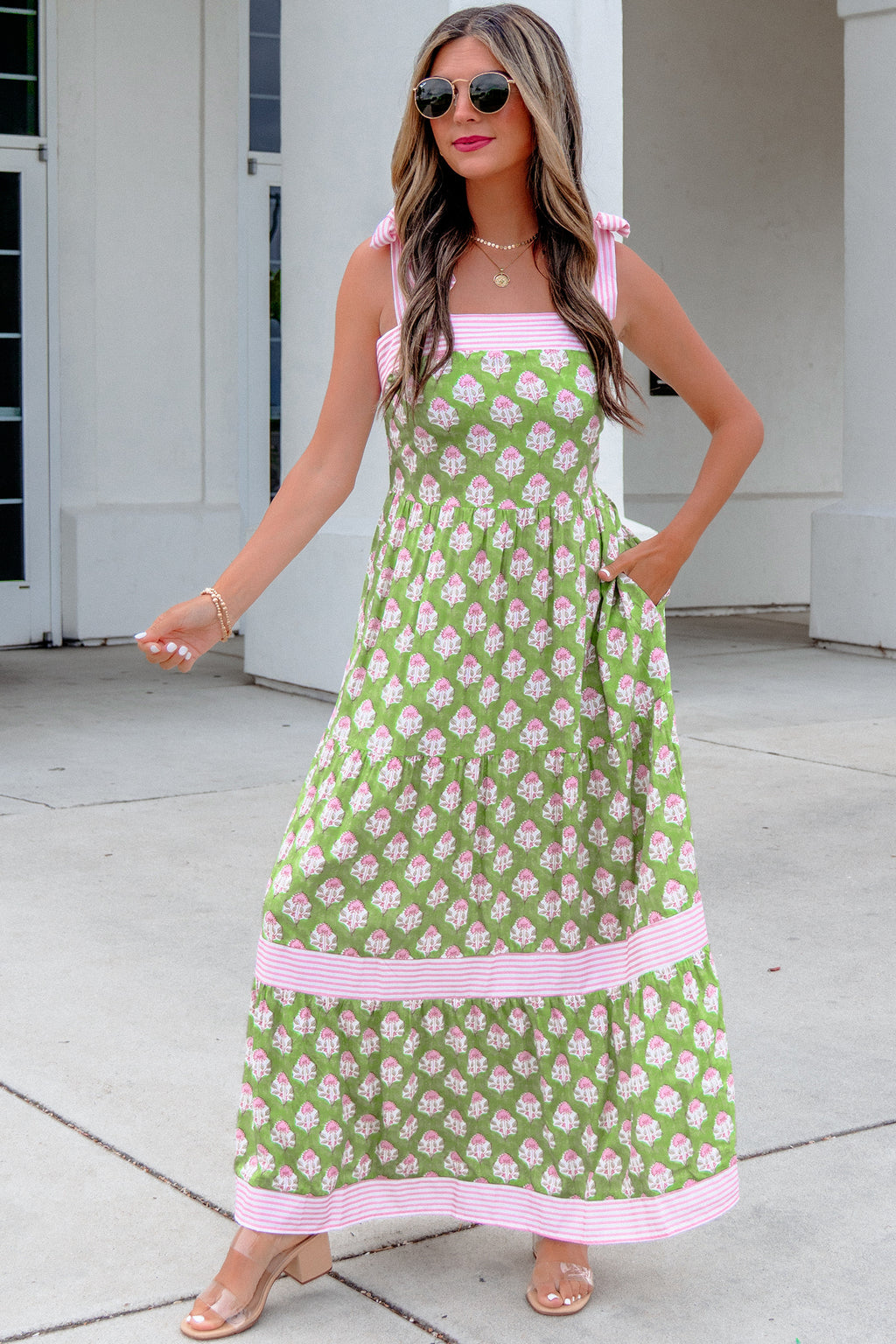 Green Floral Print Striped Detail Knot Straps Maxi Dress