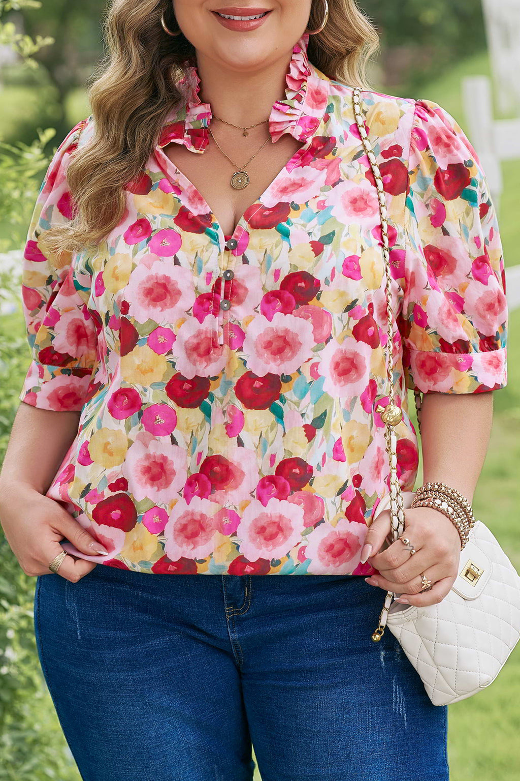 Pink Plus Size Flower Print Split V Neck Puff Short Sleeve Top