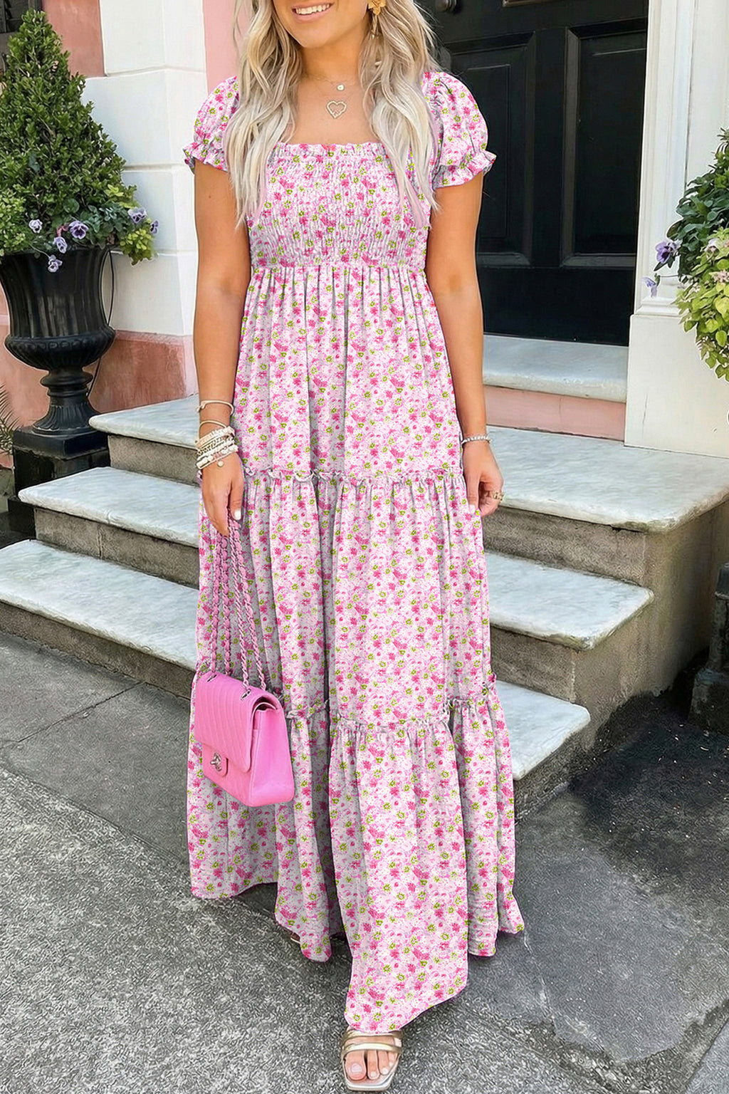 Purple Floral Short Bubble Sleeve Shirred High Waist Maxi Dress