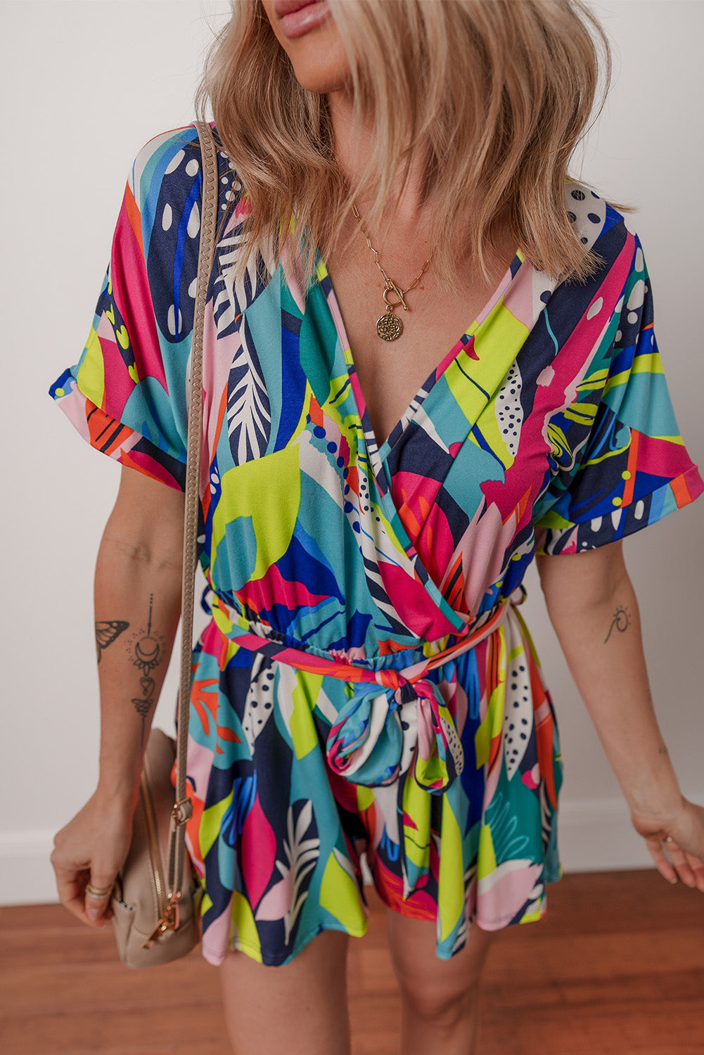 Multicolour Tropical Printed Surplice Neck Tie Waist Romper