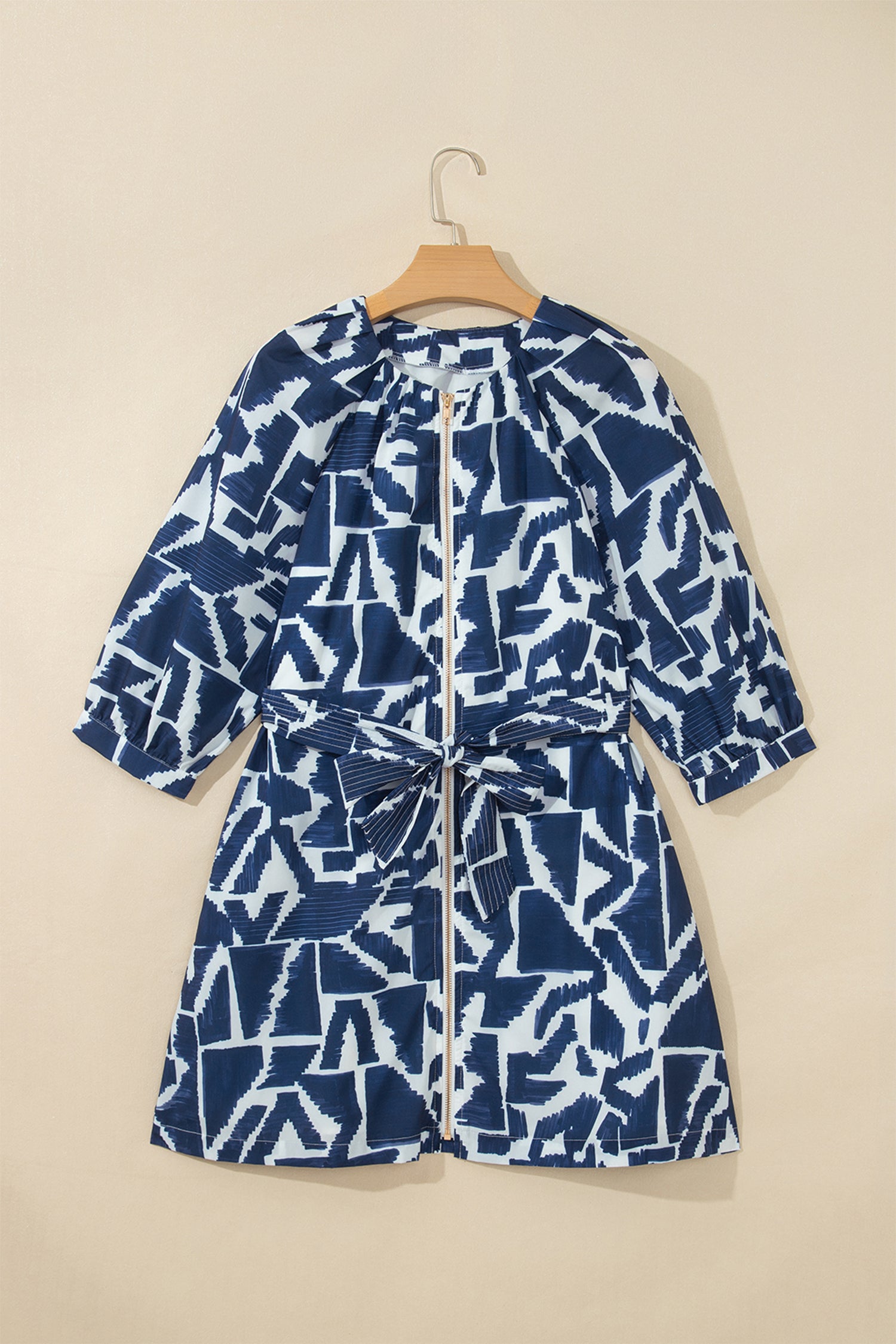 Blue Abstract Geometric Print Zip Front Tie Waist Shift Dress