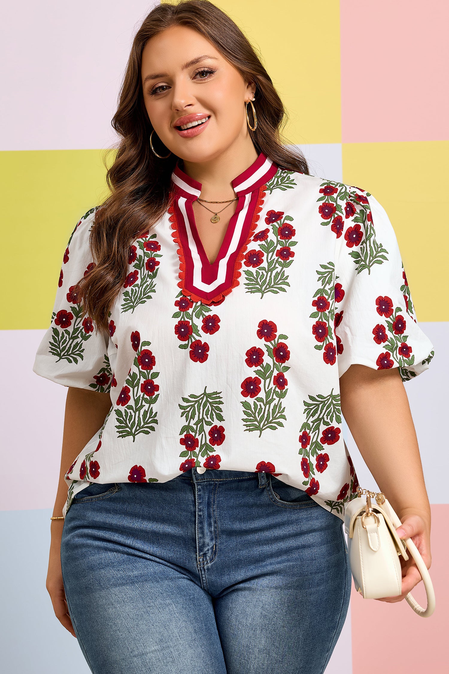 White Plus Size Floral Print Ricrac Striped Trim Short Sleeve Cotton Blouse