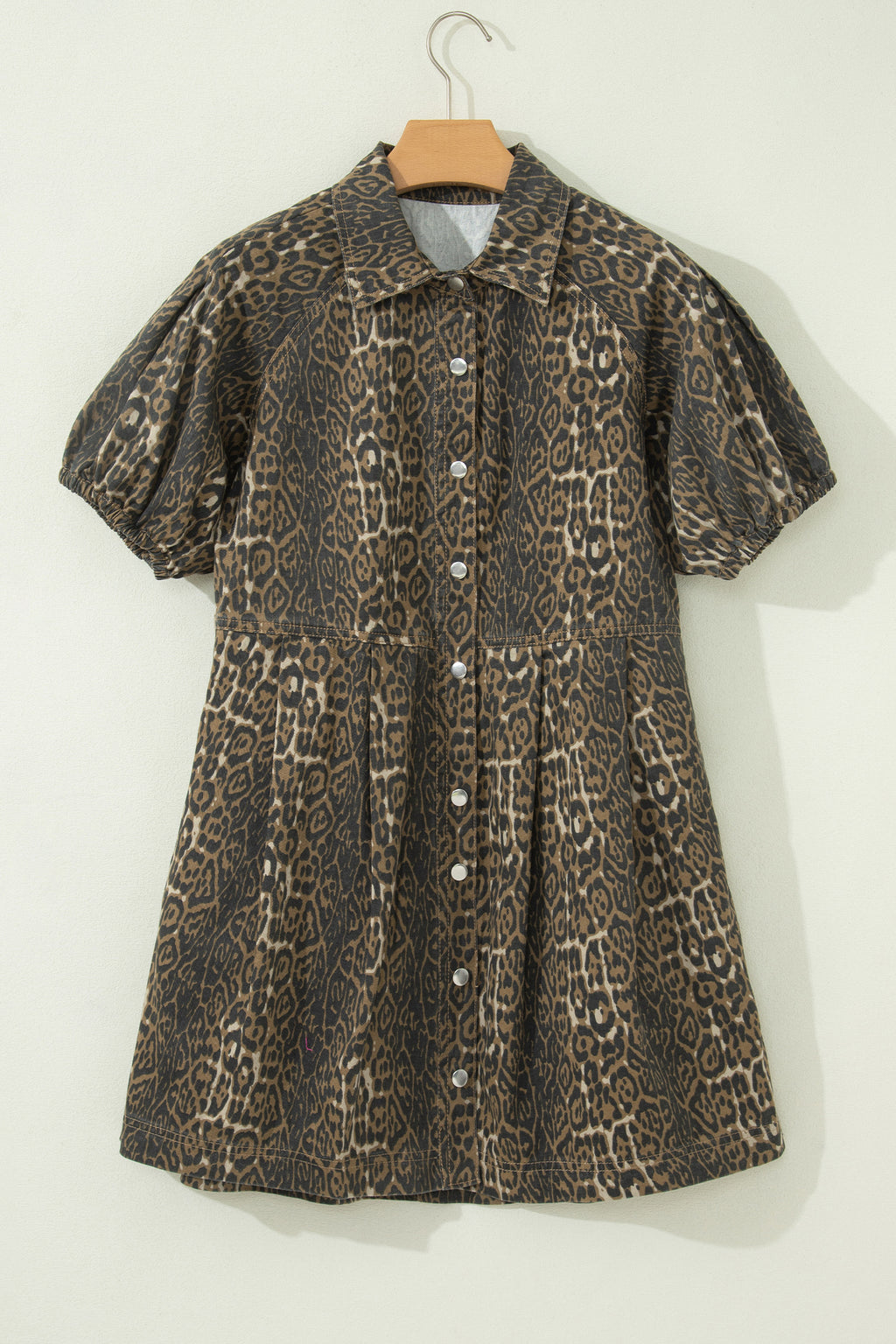 Gray Leopard Print Short Sleeve Pleated Denim Mini Dress