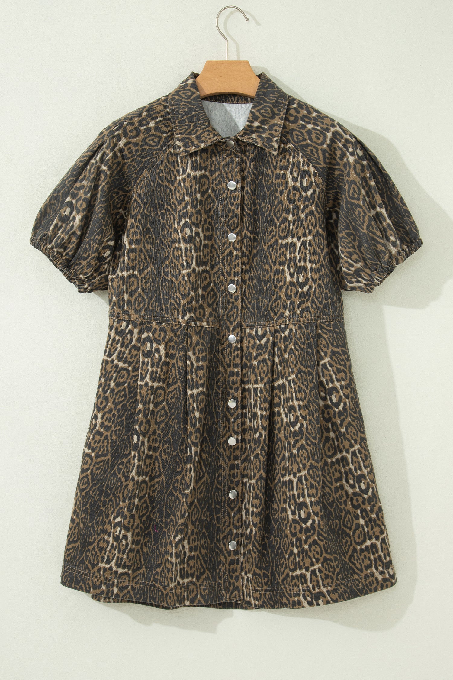 Gray Leopard Print Short Sleeve Pleated Denim Mini Dress
