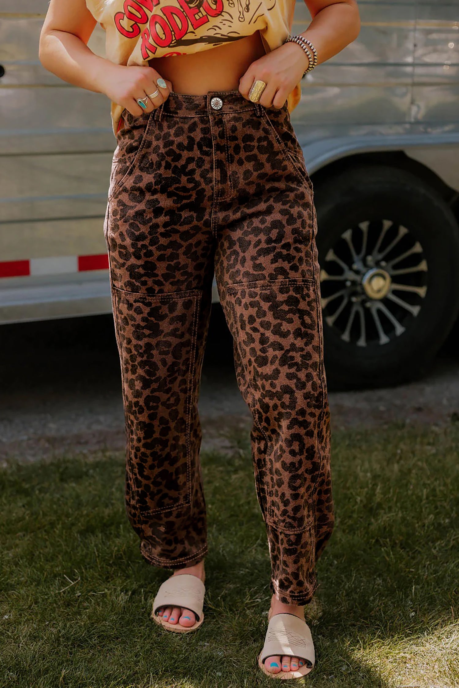Brown Clear Seam Detail Patchwork Leopard Print Barrel Jeans