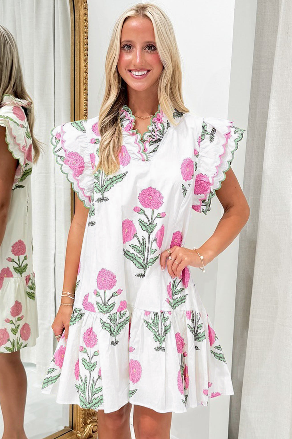 White Wild Floral Print Scalloped Embroidery Trim V Neck Drop Waist Mini Dress