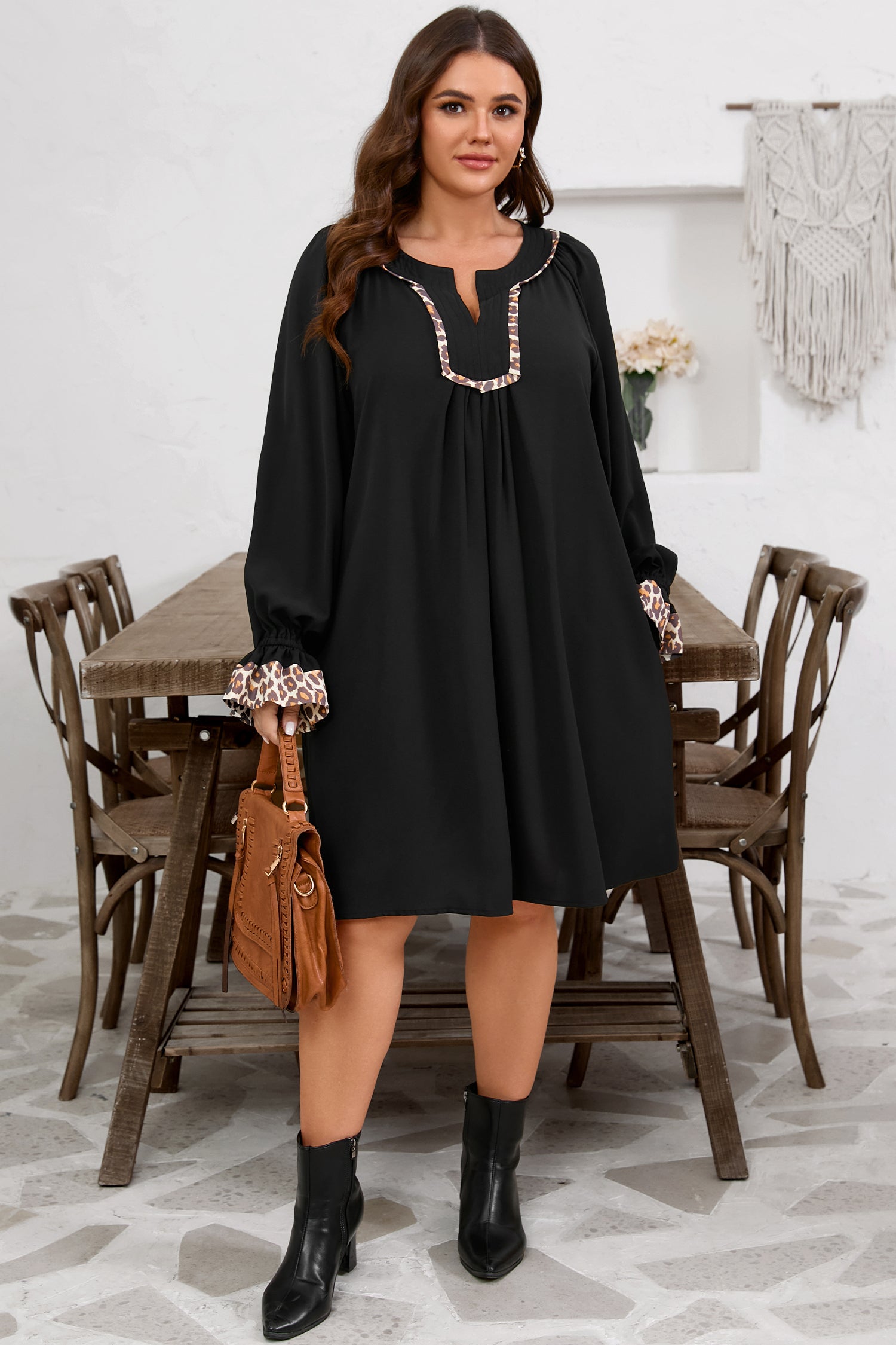 Black Plus Size Notched Neck Leopard Trim Flounce Long Sleeve Shift Dress