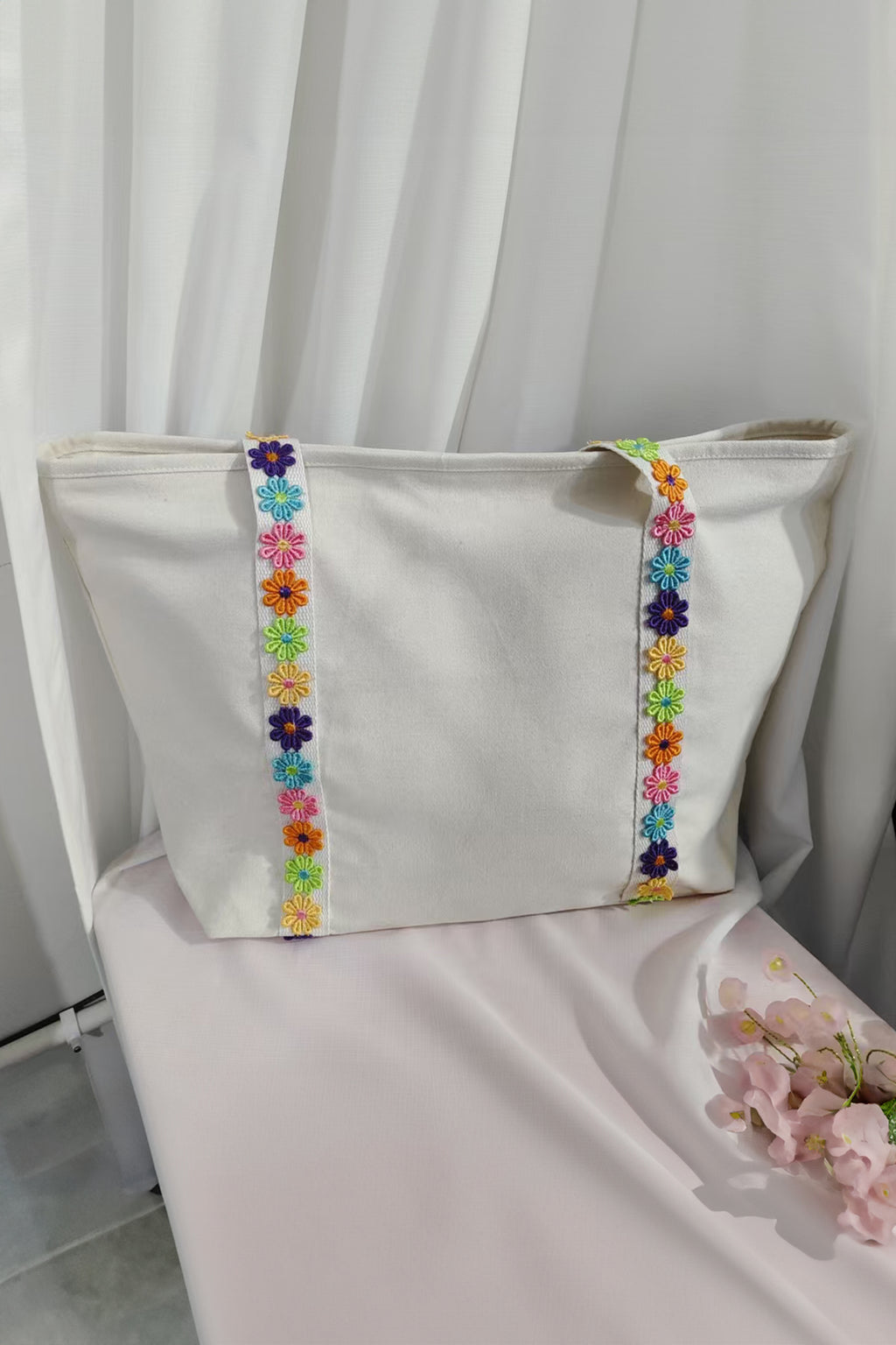 White Canvas Tote Bag with Embroidered Floral Strap Detail