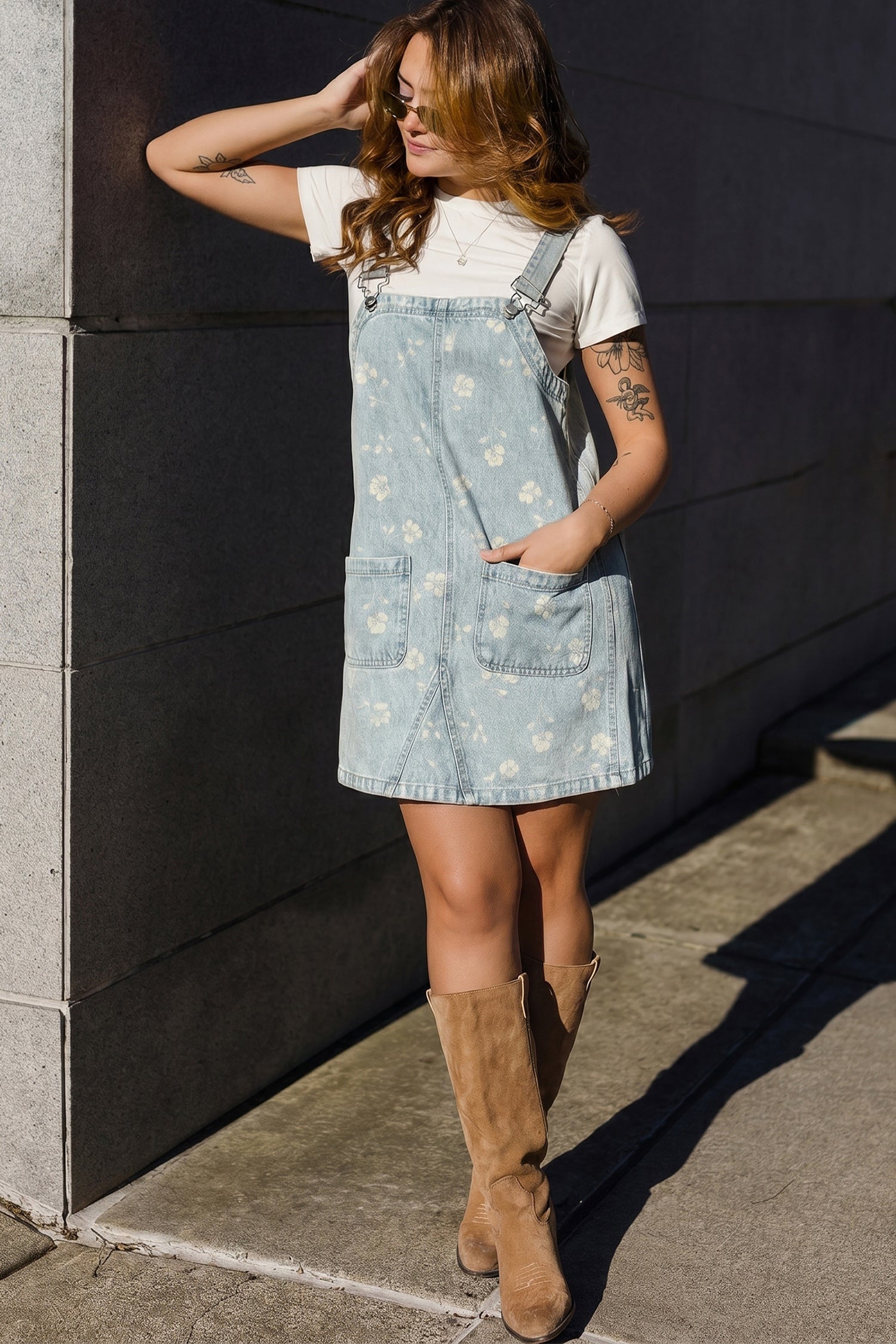Sky Blue Retro Wash Denim Floral Print Overall Mini Dress