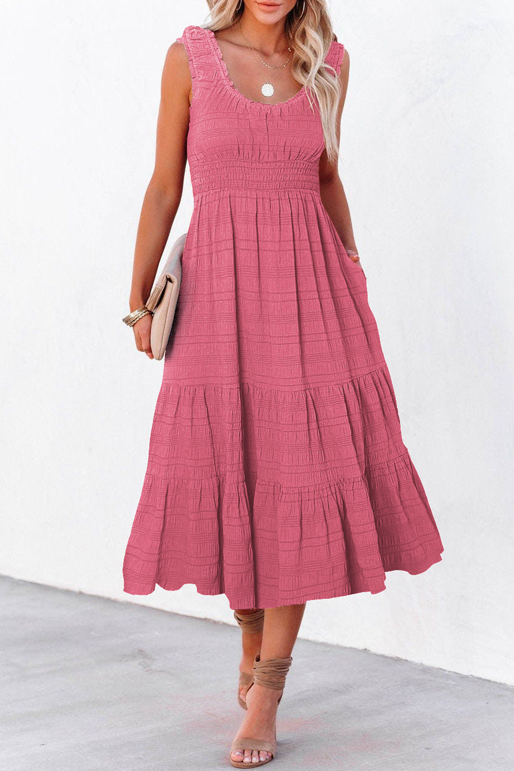 Black Shirred Pleated Square Neck Sleeveless Midi Dress