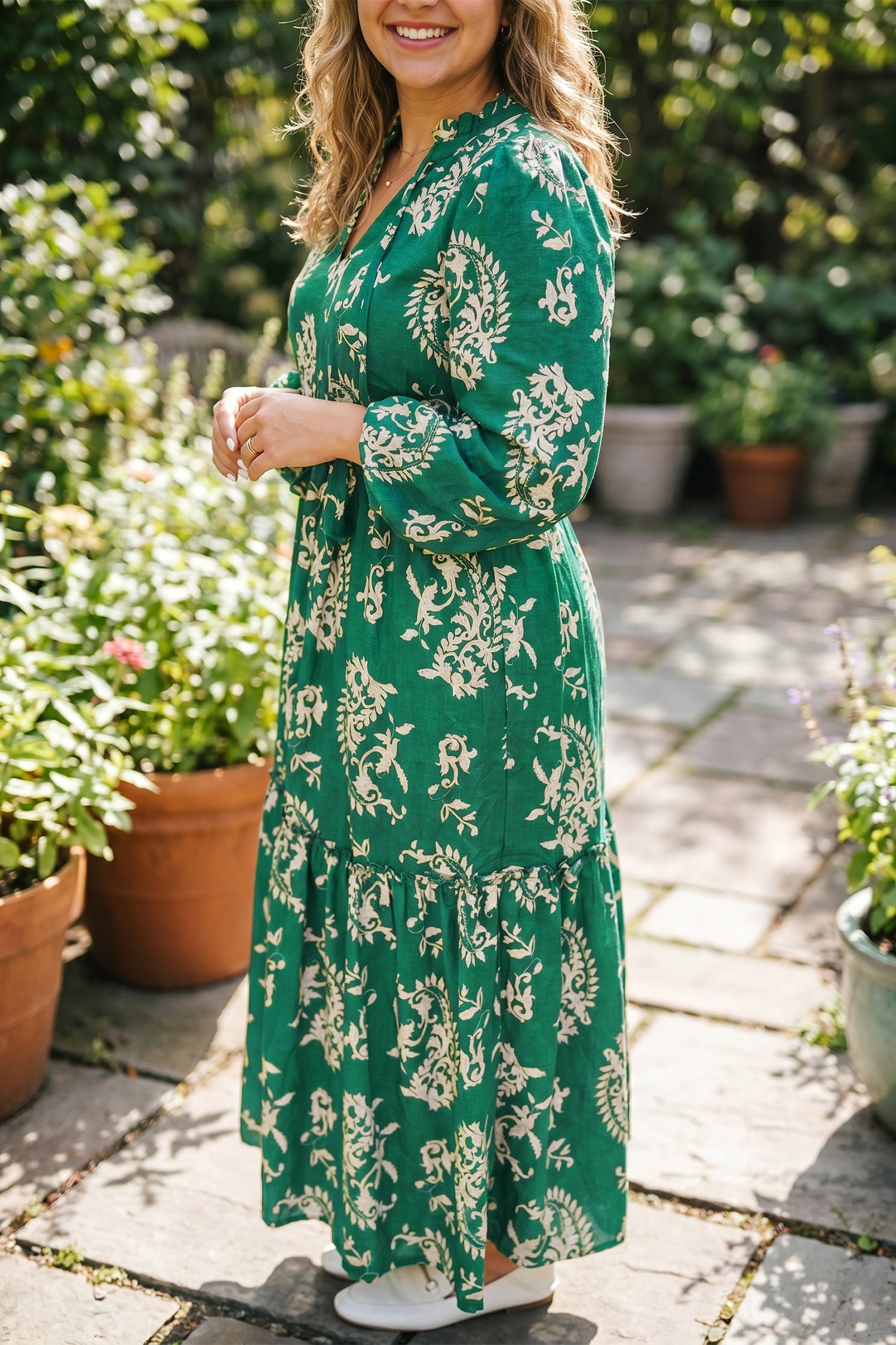 Green Floral Print V Neck Shift Dress Plus Size Dress
