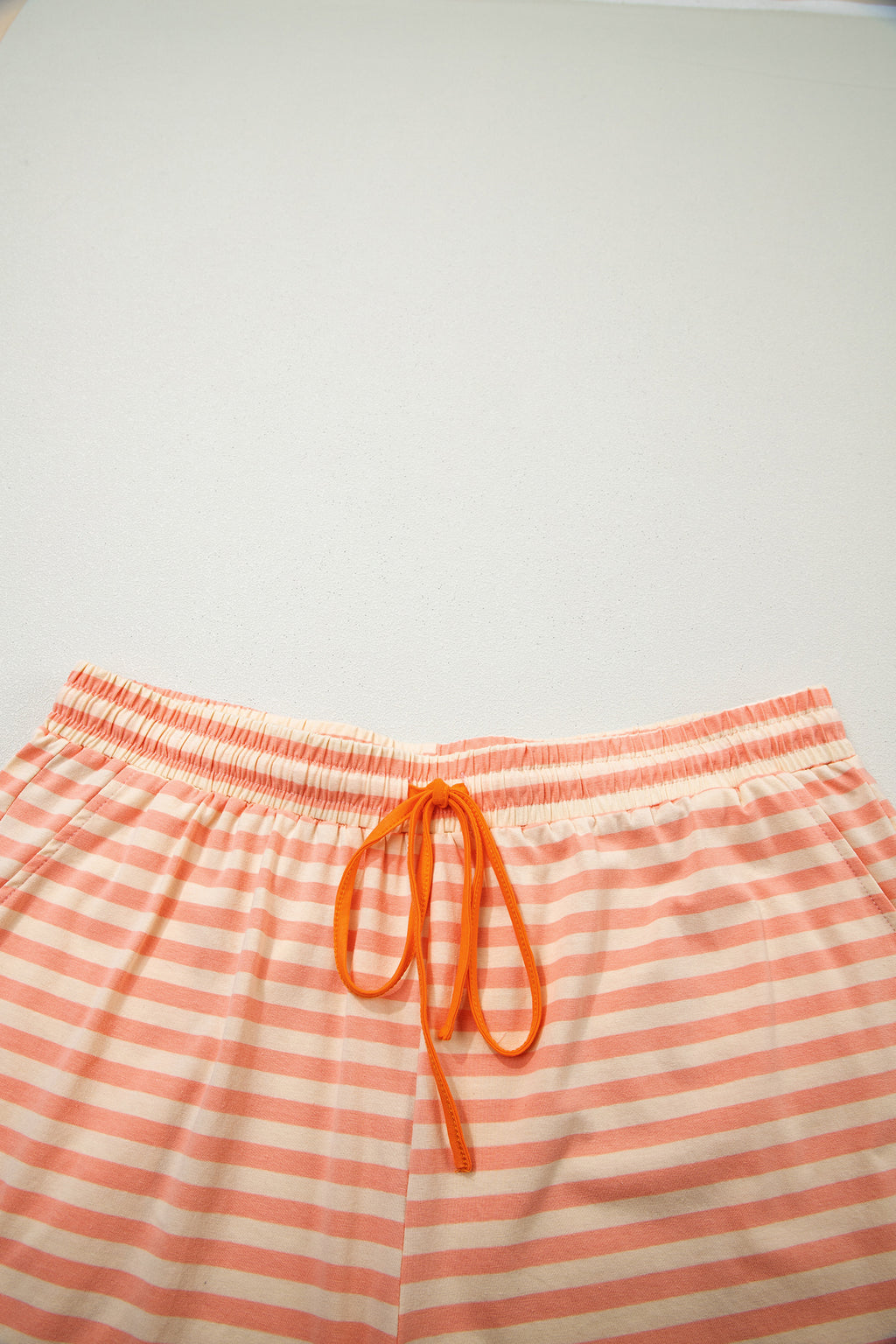 Pink Stripe Drop Shoulder T Shirt and Shorts Plus Size Summer Set
