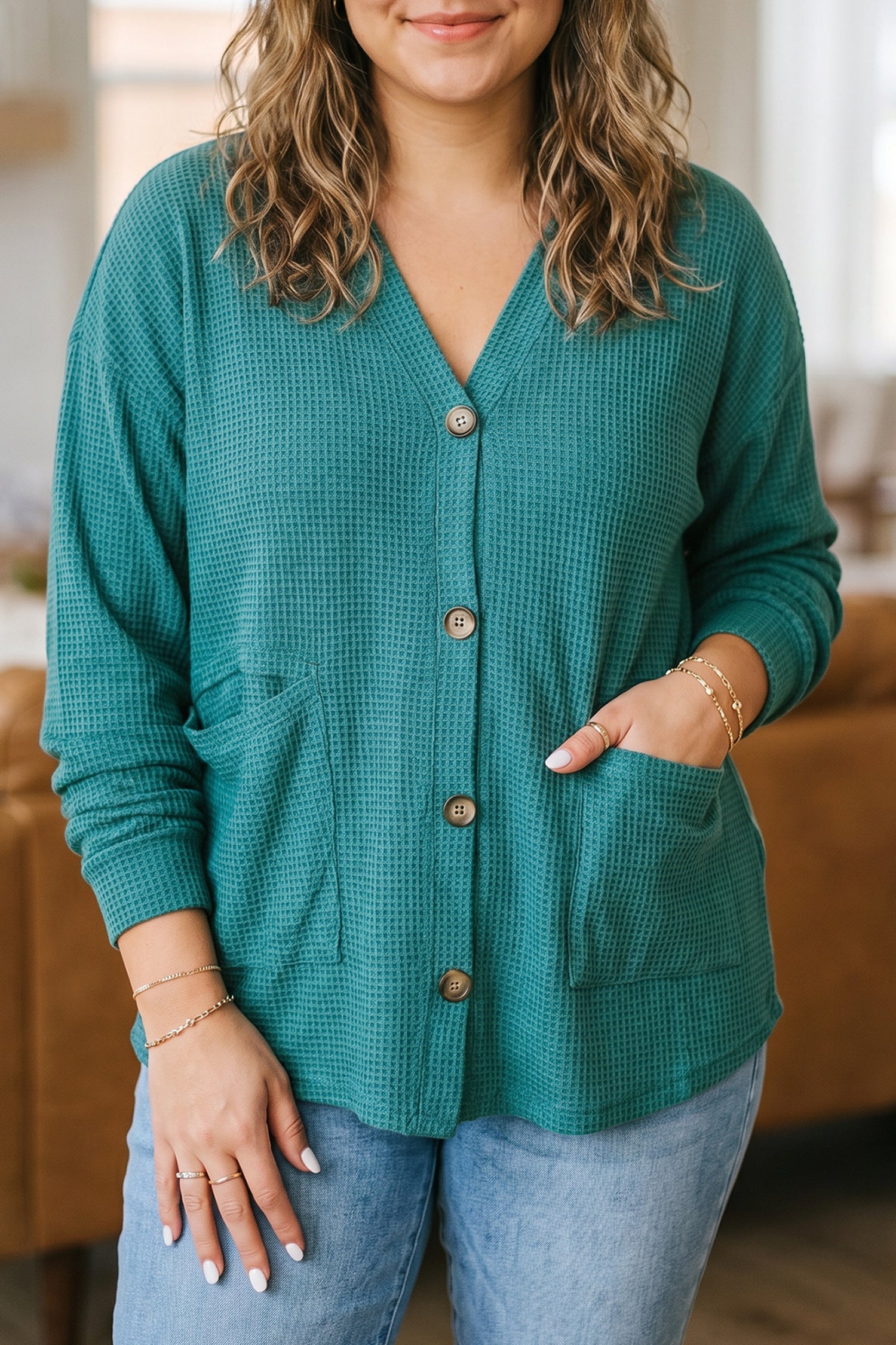 Lapis V Neck Waffle Textured Button Front Tunic Long Sleeve Plus Size Cardigan