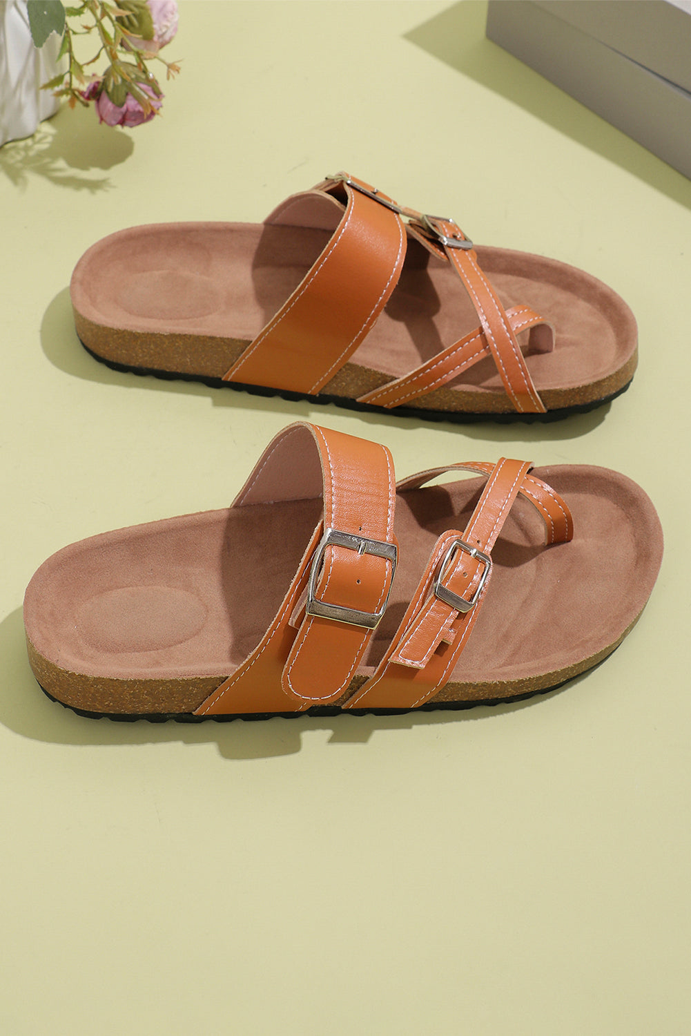 Camel Suede Adjustable Strap Toe Ring Outdoor Slippers