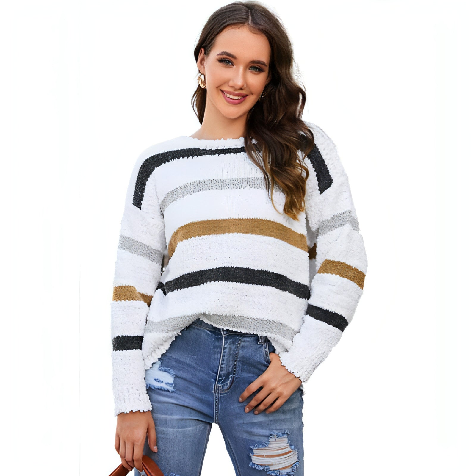 Suéter de manga larga con estampado de rayas de moda para mujer (camiseta)