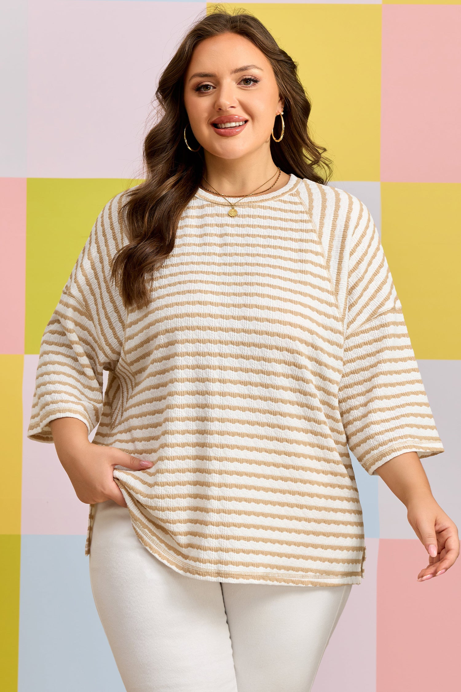 Apricot Stripe Plus Size Textured Patchwork Detail Half Sleeve Top