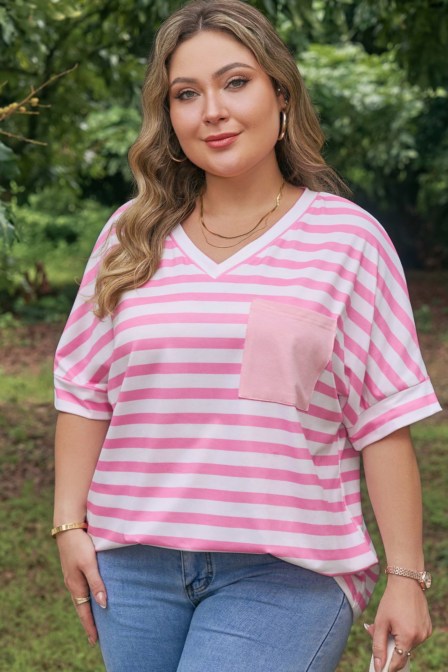 Pink Stripe Colorblock Patched Pocket V Neck Plus Size Tee