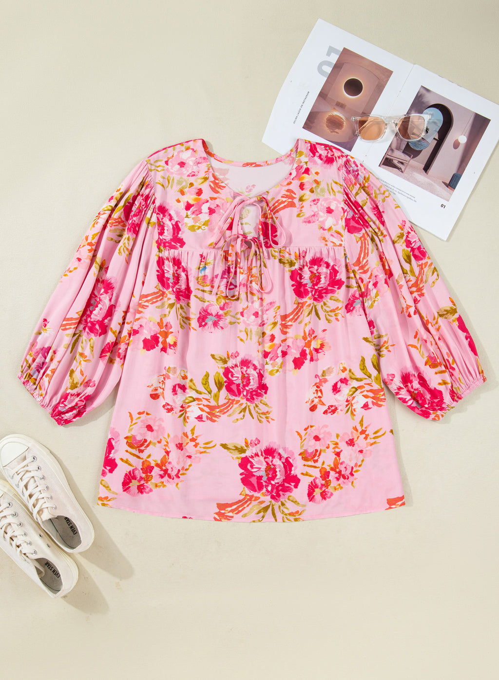 Pink Plus Size Floral Print V Neck Tie Front Short Sleeve Tunic Top