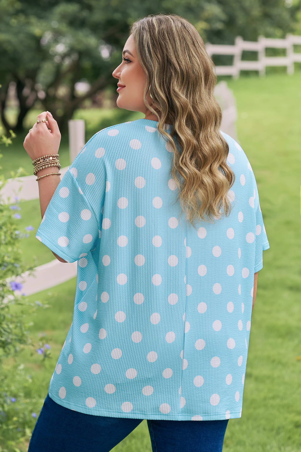 Pink Twisted Rib Polka Dot Print Plus Size T Shirt