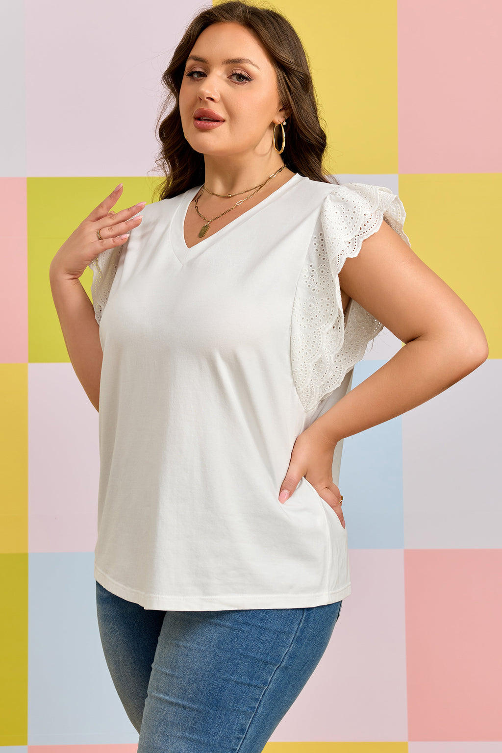 White Eyelet Crochet Splicing Short Sleeve Plus Size Tee