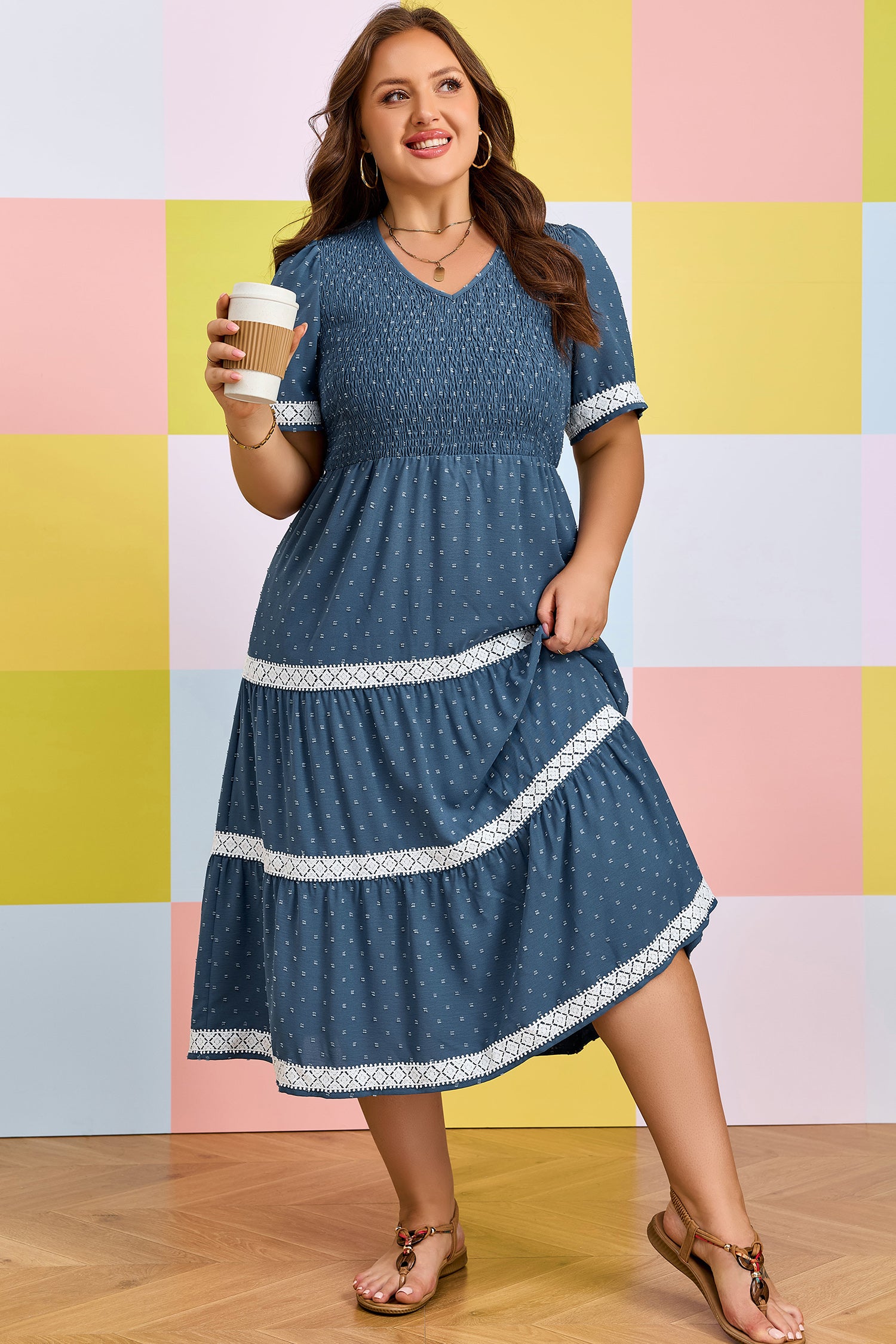 Dusk Blue Plus Size V Neck Swiss Dot Lace Patchwork Detail Flared Midi Dress