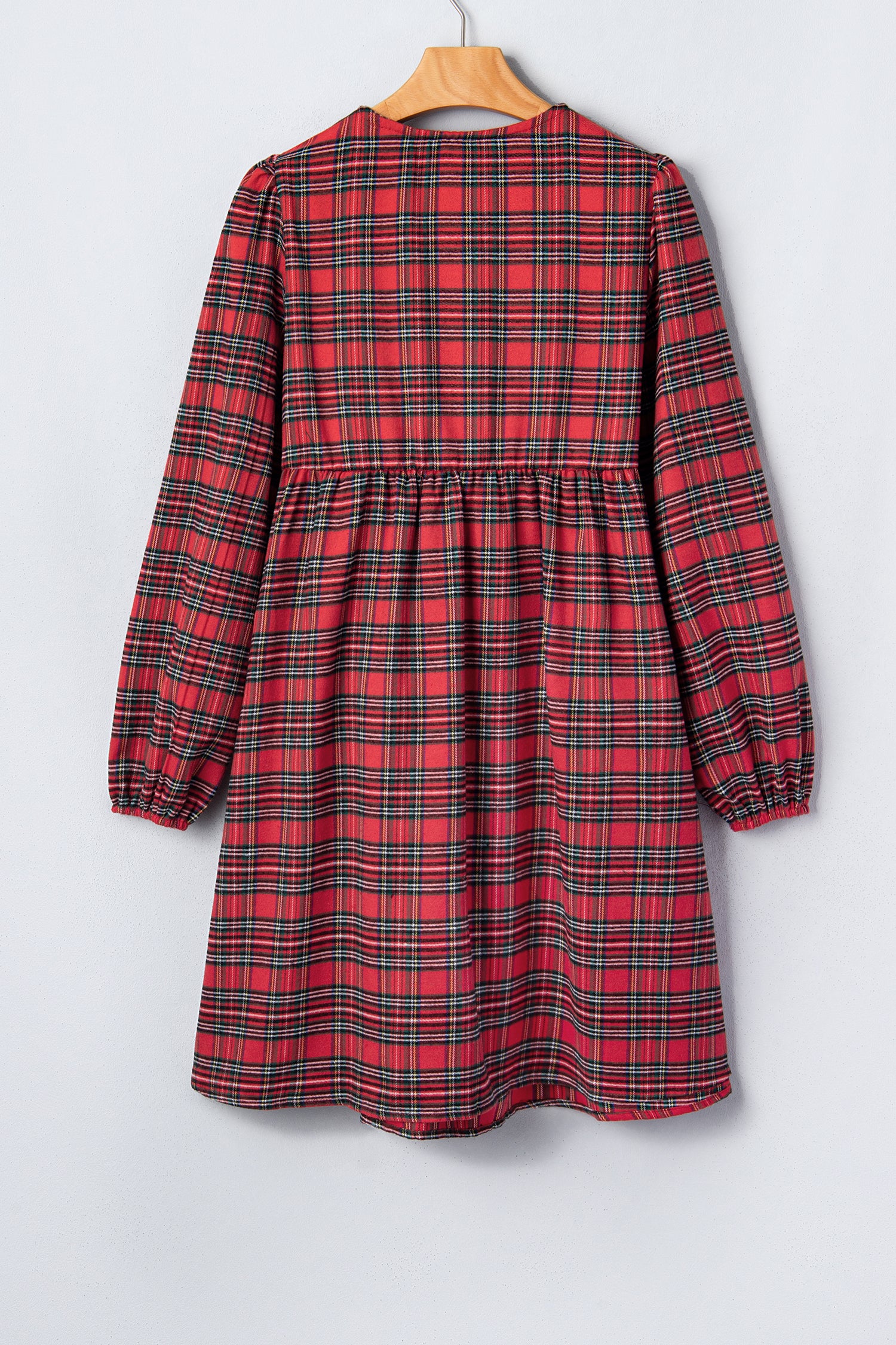 Red Plaid Tie Front Long Sleeve Short Shift Dress