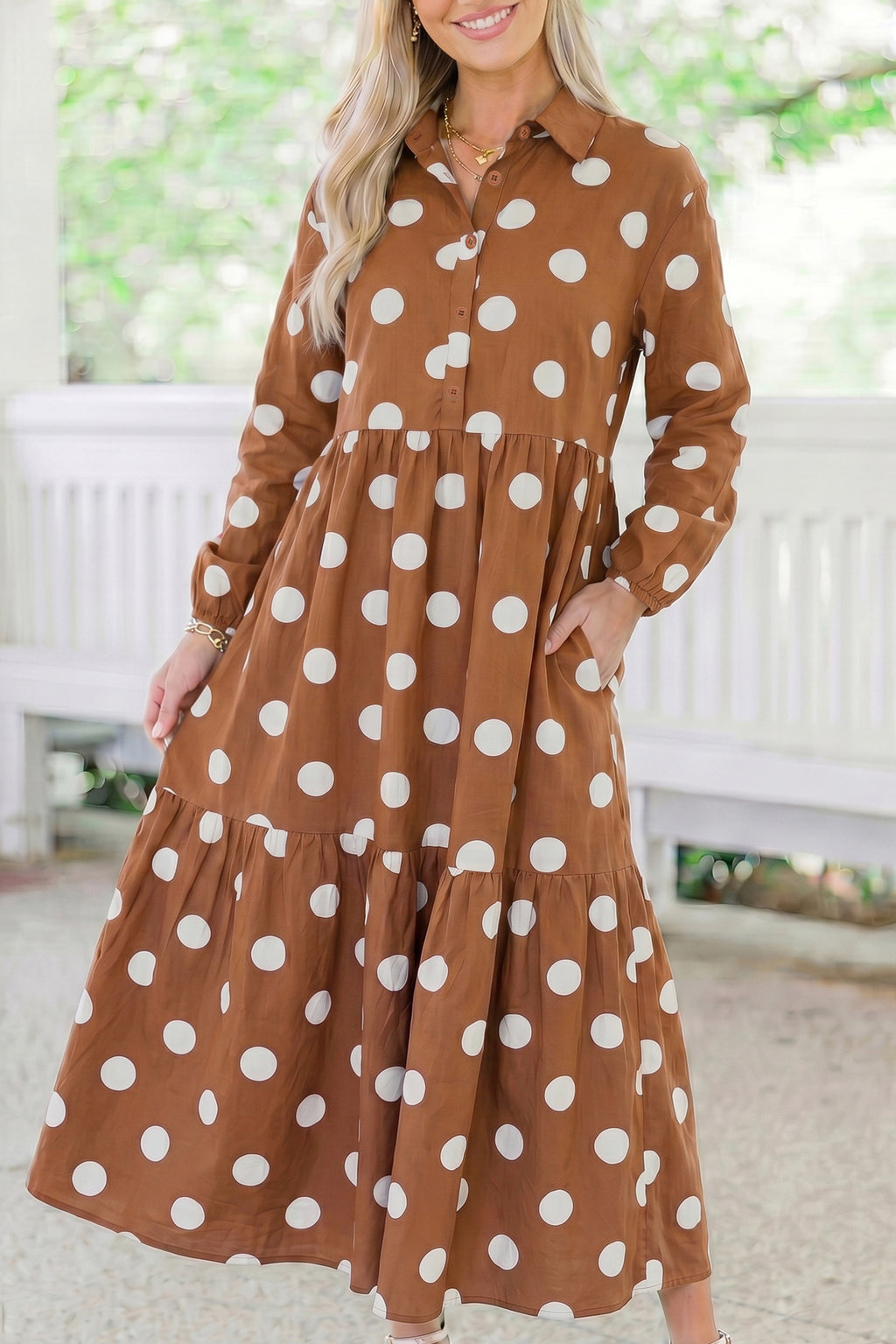 Brown Polka Dot Button Front Long Sleeve Shift Dress