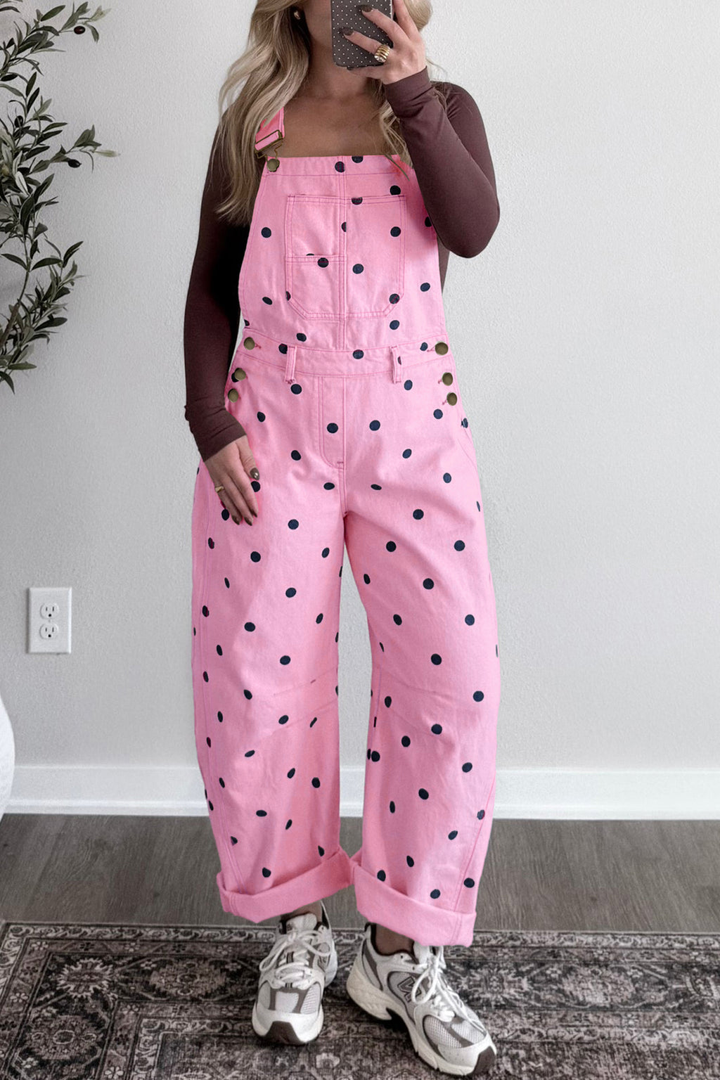 Jet Stream Polka Dot Print Bib Pocket Denim Barrel Overalls Jumpsuit