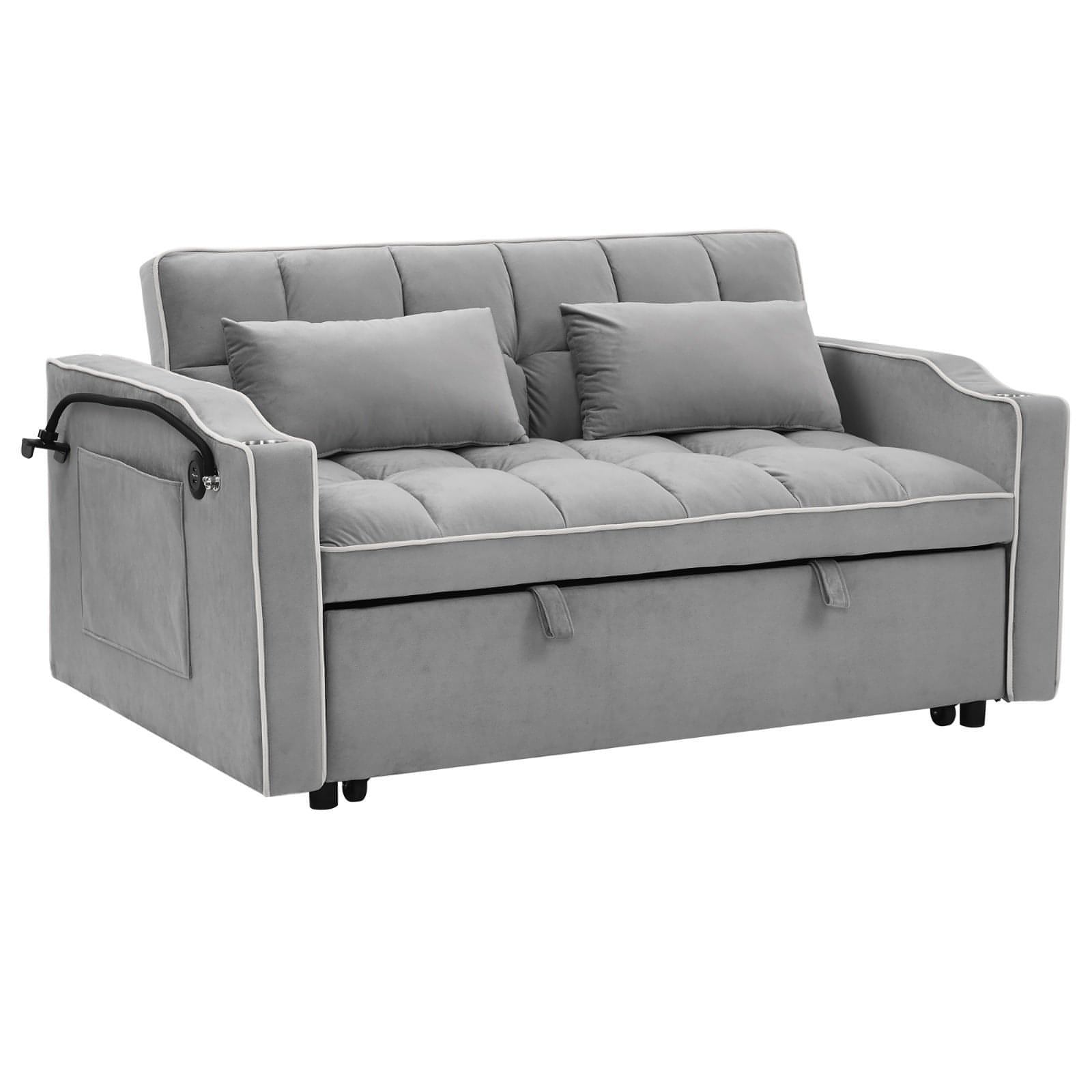 LuneluX_Home – 55.5" Foldable Velvet Sofa Bed (Adjustable in 3 Lengths, Gray)