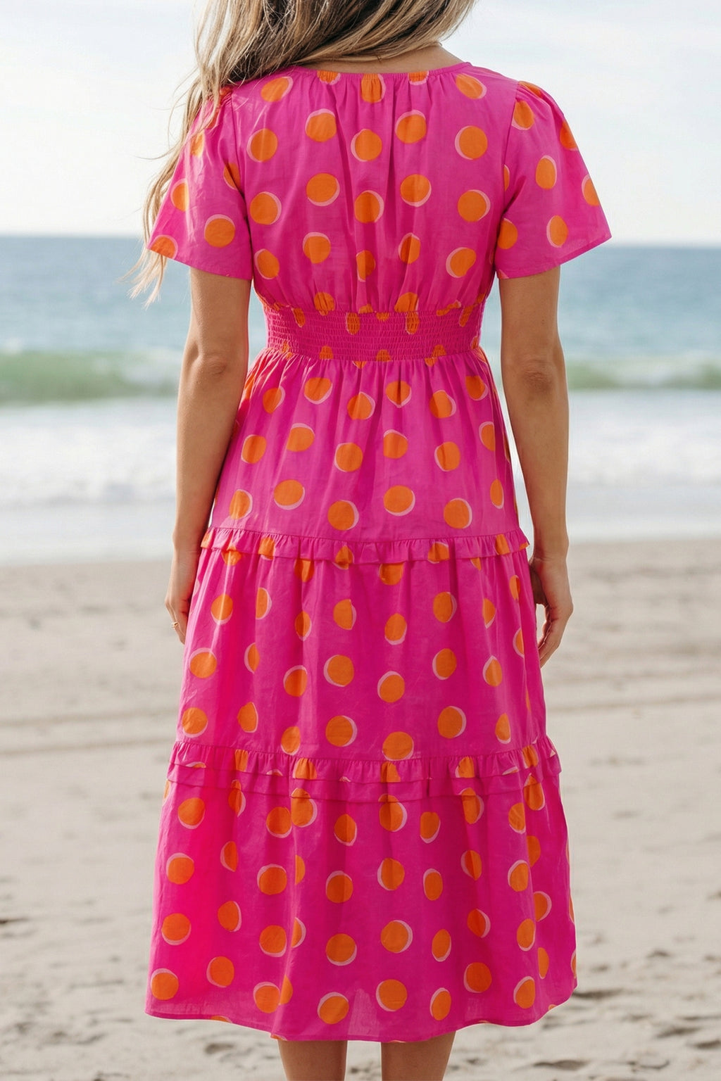 Rose Double Polka Dot Short Sleeve Shirred High Waist Midi Dress