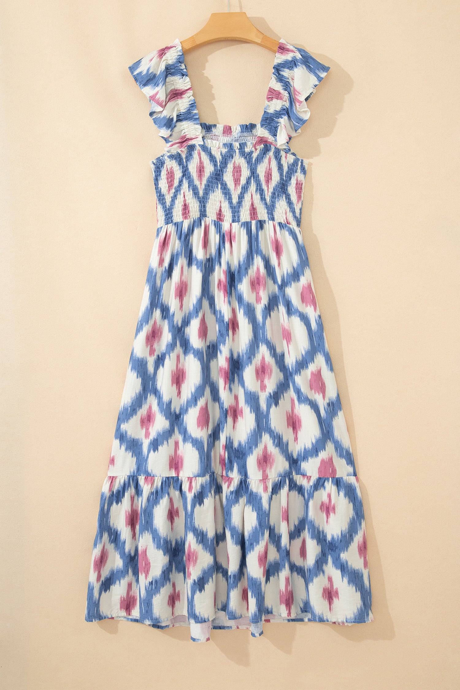 Sky Blue Ethnic Geometric Print Square Neck Smocked High Waist Ruffle Sleeve Dress
