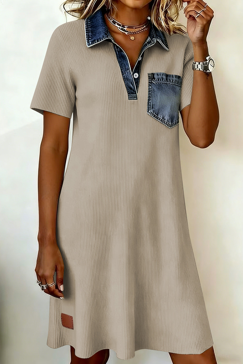 Beige Short Sleeve Ribbed Knit Denim Patchwork Polo Collar Dress
