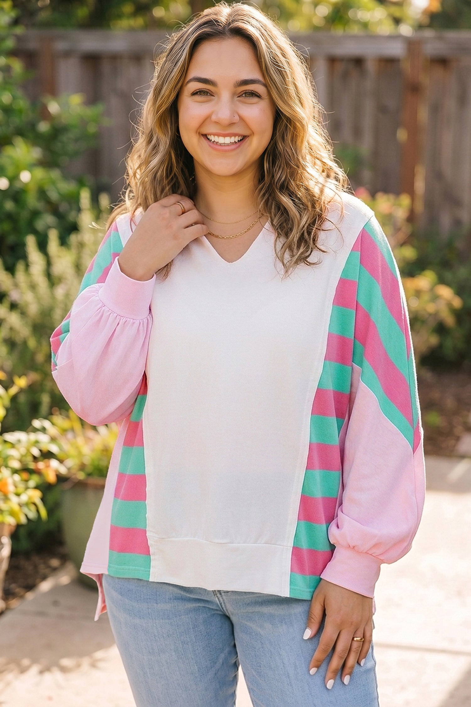 White Striped Colorblock V Neck Shift Long Sleeve Plus Size Blouse