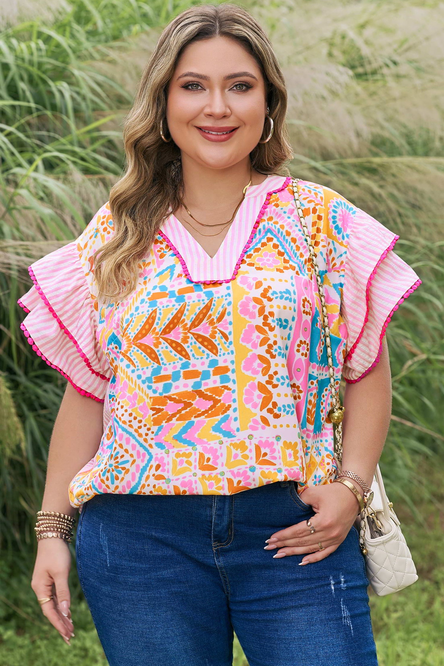 Rose Plus Size Geometric Print Contrast Trim Striped V Neck Blouse